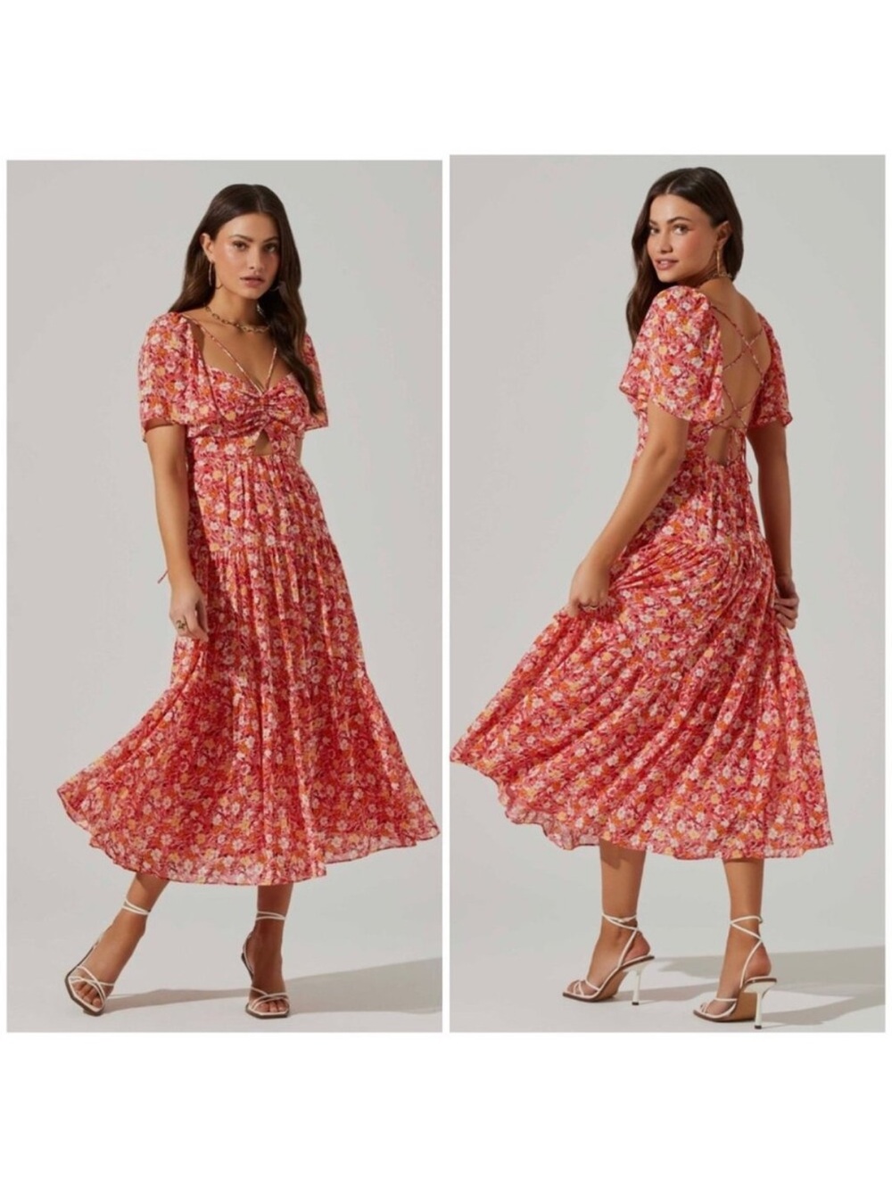 ASTR Floral Cinched Bust Cutout Center Midi Red Multi Floral Criss-Cross $168